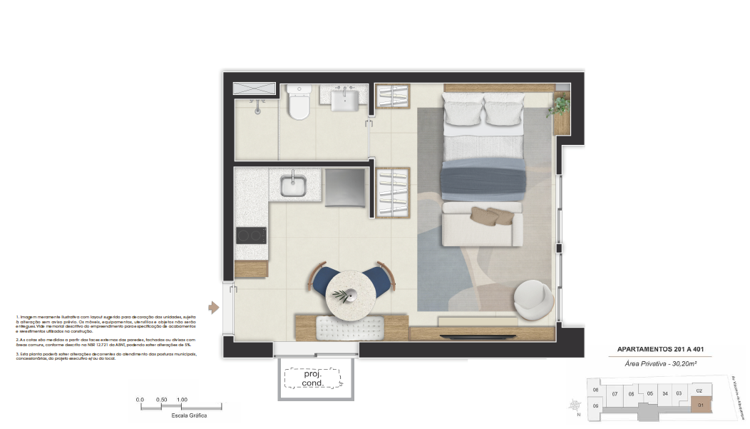 Planta do pavimento tipo com unidades em fileira do Stay 360 Leblon