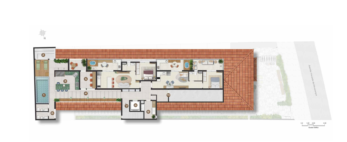 Planta do térreo com unidades garden e área de lazer do Stay 360 Leblon
