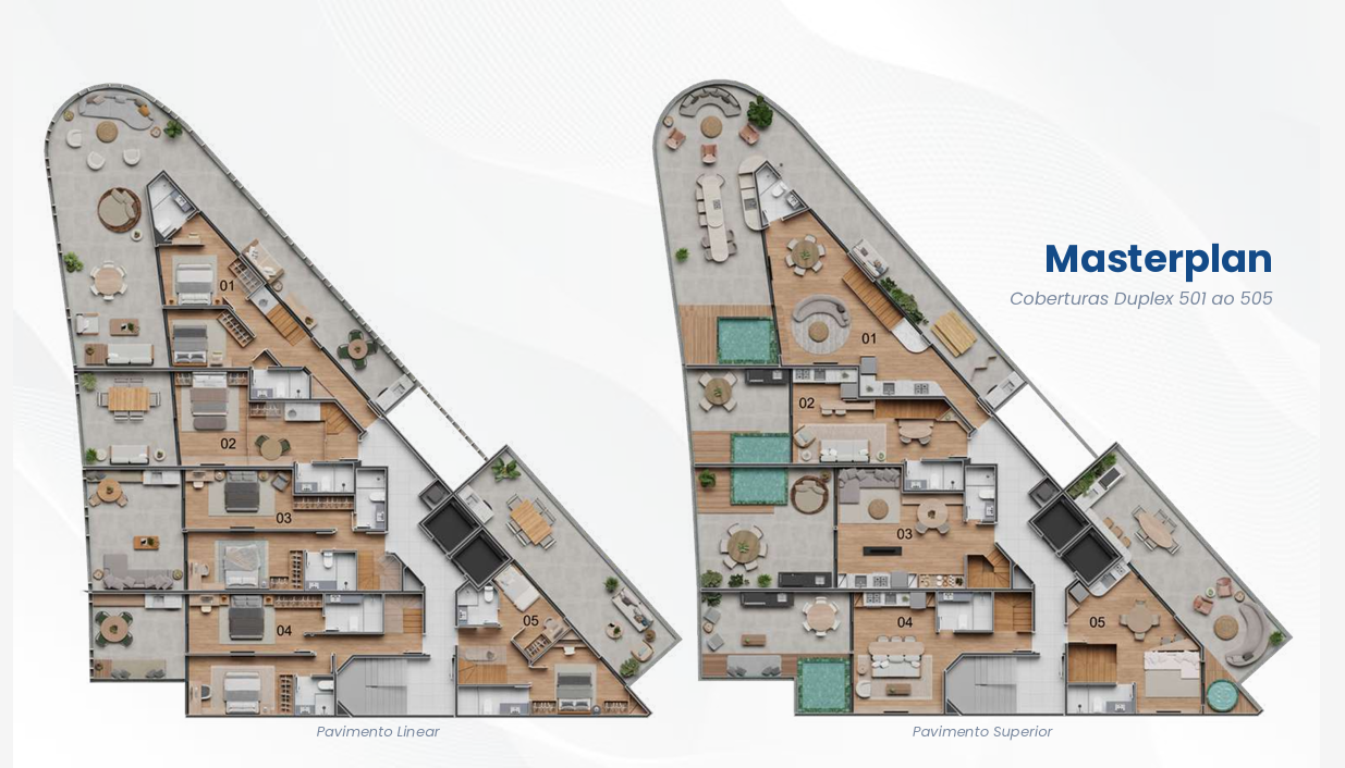 Masterplan das coberturas duplex 501 ao 505 do Vista Joá, pavimento linear e superior