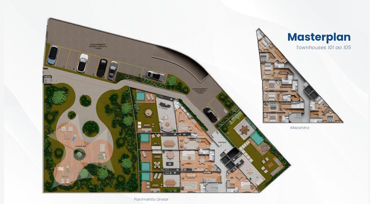 Plantas dos townhouses 101 a 105 do Vista Joá, pavimento linear e mezanino